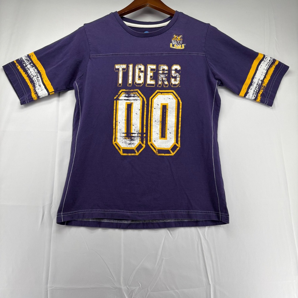 LSU Tigers NCAA Football Jersey T-Shirt Purple Gold Women Large 00 Distressed